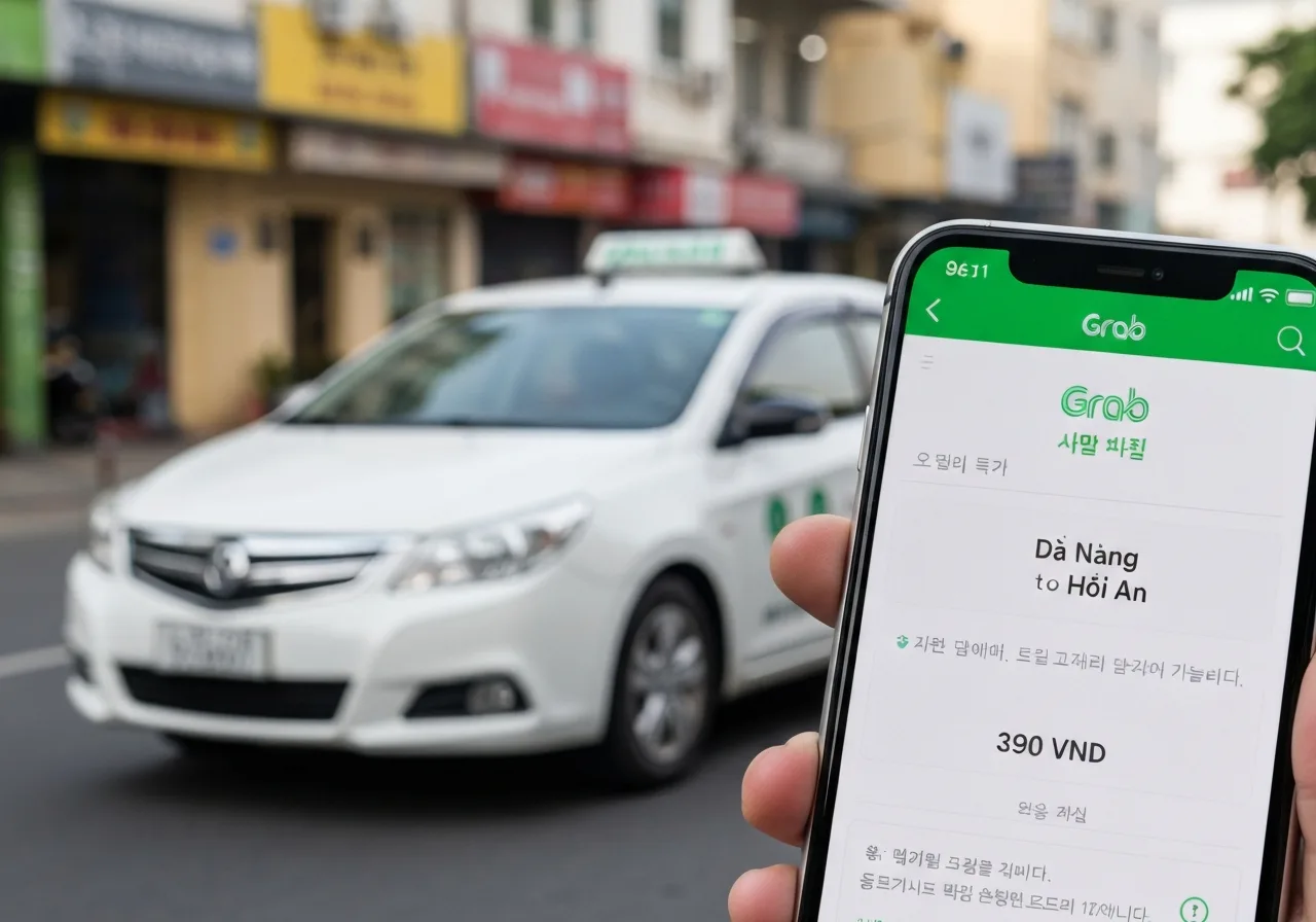 다낭에서 호이안으로 이동 시 사용할 수 있는 그랩(Grab) 앱 화면과 베트남 택시