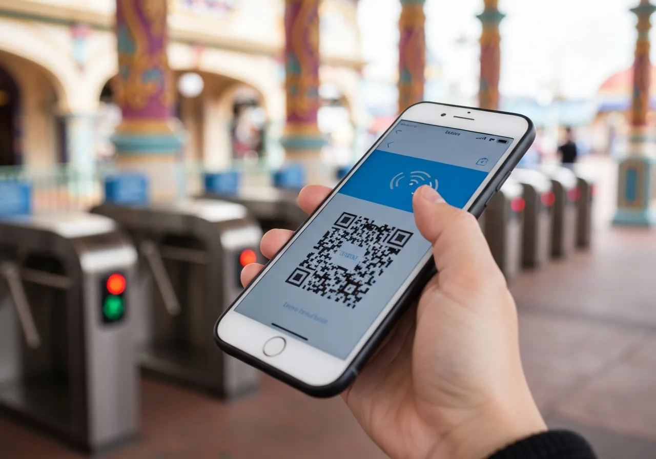 스마트폰 앱 QR 코드를 이용해 도쿄 디즈니랜드에 입장하는 모습
